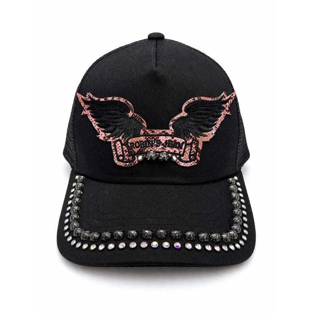 Robin's Jean Trucker Hat Black Pink Snakeskin Wings Studded Mesh Cap NWT